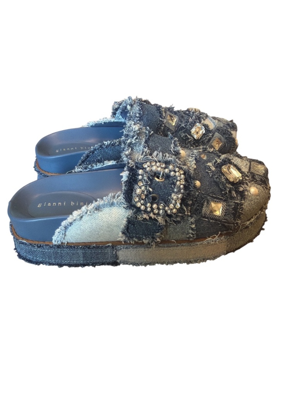 Gianni Bini Embellished Denim Patchwork Platform Mules Rhinestone Pearl 8.5 - Picture 2 of 8